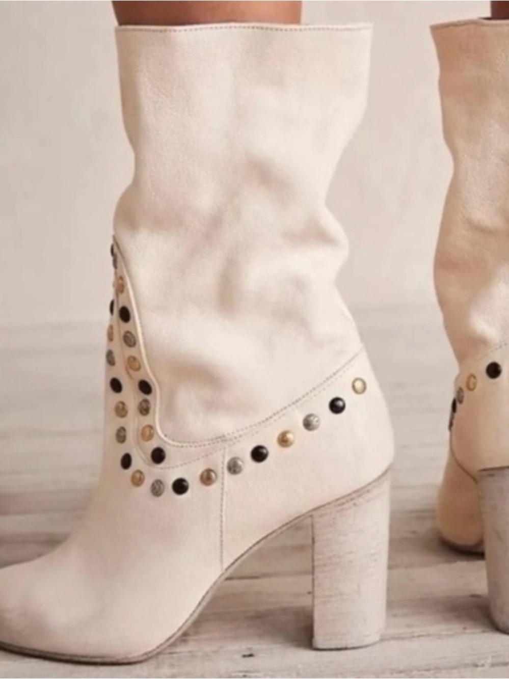 Free People Dakota Cream Studded Mid-Calf Heeled Boots/ 7.5/Genuine Leather